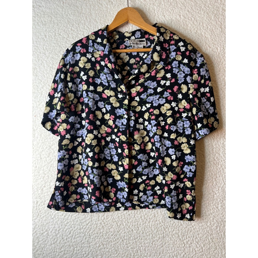 Leslie Fay Haberdashery Floral Button Down Blouse Black Short Sleeve Vintage 16